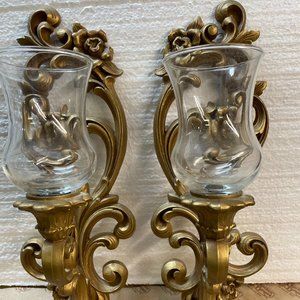Homco Vintage Home Interior Scones Gold Candle Holders w/ Glass Holders